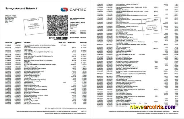South Africa Capitec Bank account statement Word and PDF, 2 pages  